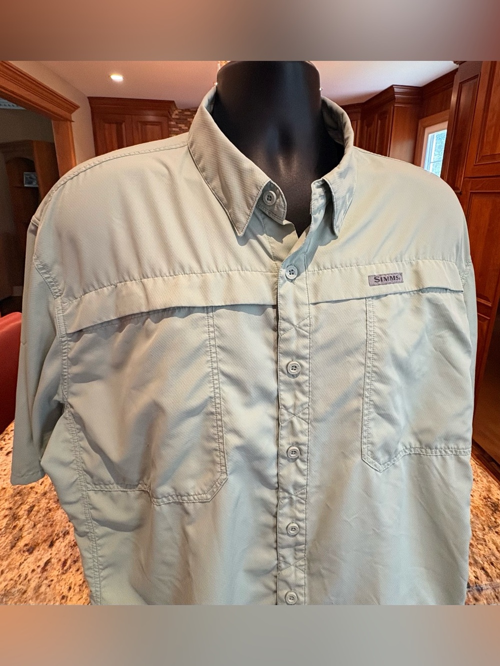 Simms men’s Fishing Shirt. Subtle Light Sage Green with logo. 2XL